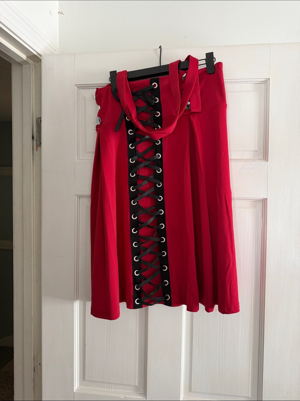 Red Lace-Up Pleated Midi Skirt